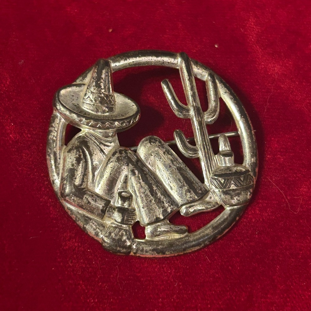 Vintage Silver-Tone Brooch with Western Cactus Design